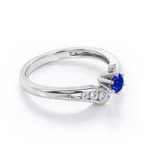 Curved Band - Six Prongs 0.5 carat Round Blue Sapphire and Moissanite Artistic Engagement Ring in Rose Gold
