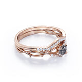 Twig Crossover 0.75 Carat Round Cut Dendritic Rutilated Quartz and Diamond Pave Bridal Set Rings