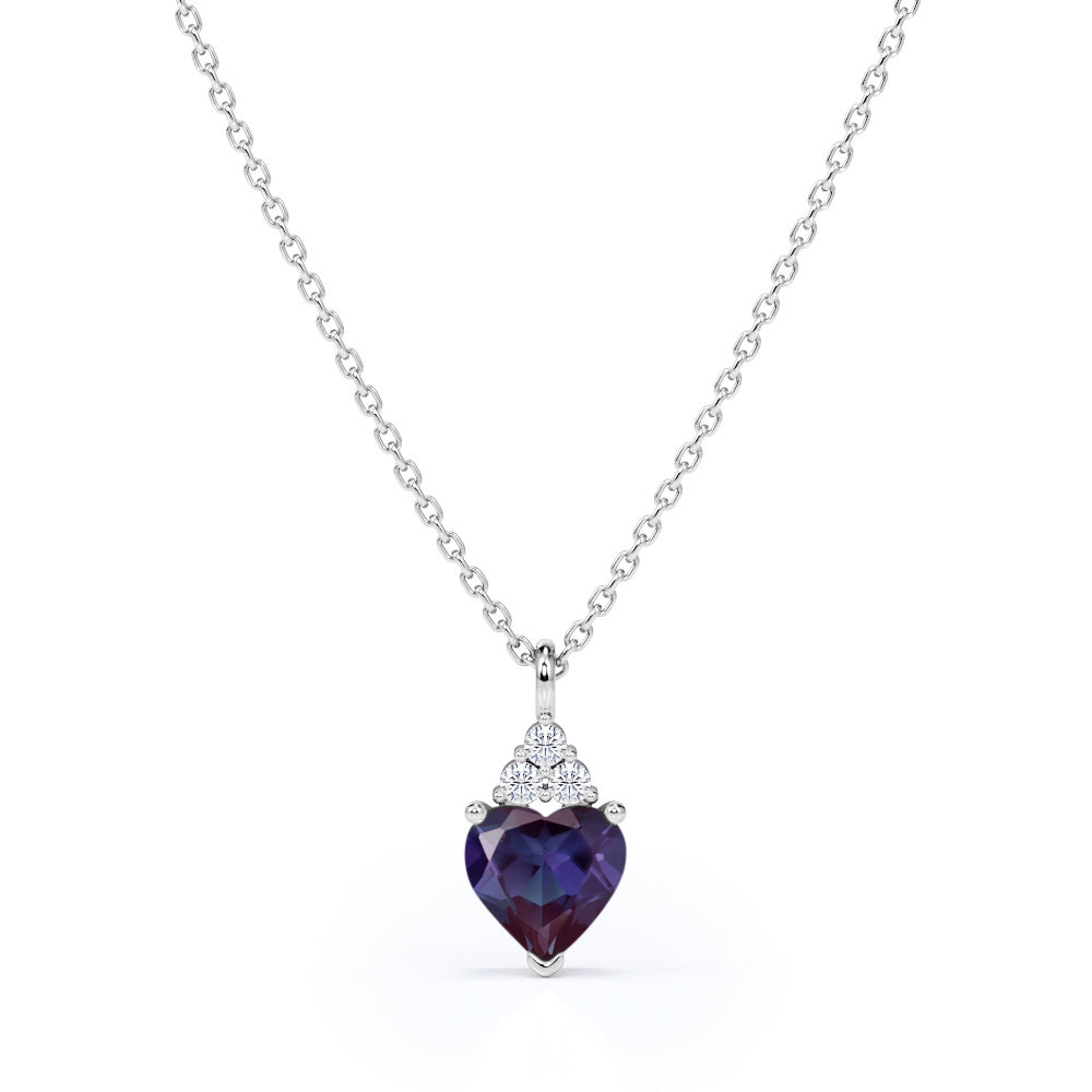 Delicate 1.05 Carat Heart Shaped Lab Created Alexandrite and Diamond Three Prong Pendant Necklace In White Gold For Her