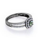 Double Halo 1.55 Carat Round Cut Green Moss Agate And Diamond Split Shank Engagement Ring In White Gold