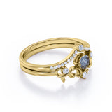 Non Traditional Solitaire 0.75 Carat Round Cut Black Rutilated Quartz and Diamond Filigree Bridal Set Rings