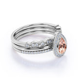 Art Deco 1.75 Carat Pear Shape Peach Morganite and Diamond Trio Wedding Ring Set in Rose Gold