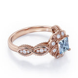 Beaded Halo 1.15 Carat Princess Cut Aquamarine And Diamond Infinity Engagement Ring In White Gold