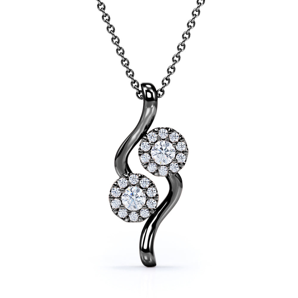 Up-Side Down 0.3 carat Round Moissanite and Diamond Double Curve Pendant and Necklace in 18k Rose Gold Over Silver