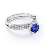 Timeless Classic Design 2 Carat Round Cut Sapphire and Diamond Halo Wedding Set with Art Deco Band in White Gold