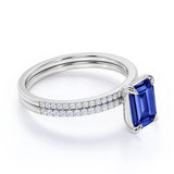 Limited Time Sale: 2 Carat emerald cut Blue Sapphire and Diamond Wedding Ring Set
