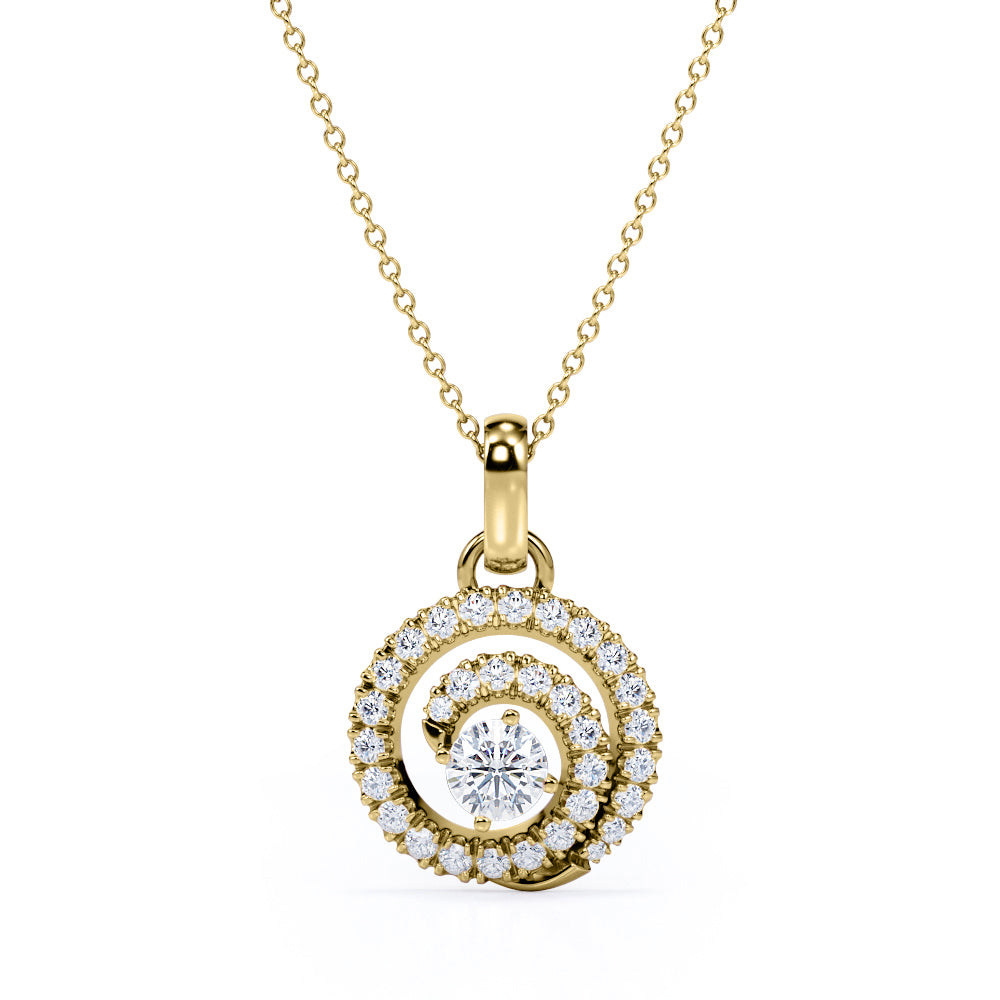 Unusual Circle French Pave 1.25 Carat Round Certified Moissanite and Diamond Journey Pendant Necklace in White Gold