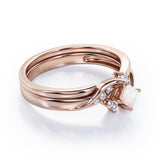Petite Pave-Channel - 0.55 TCW Rhombus Princess Cut Opal and Moissanite - Prong Tensioned Wedding Ring Set - Rose Gold