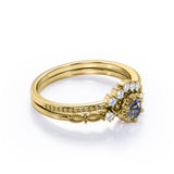 Trilogy Milgrain 0.65 Carat Round Cut Druzy Rutilated Quartz and Diamond Art Deco Wedding Set Rings for Her