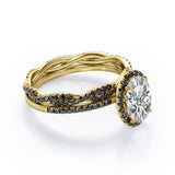 Four-Prong Halo 1.75 TCW Oval-Shaped Moissanite with Lab Created Black Diamond Pave Twisted Eternity Bridal Set in White Gold