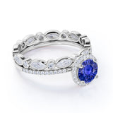 Elegant Eternity Micro Pave 2.25 Carat Round Cut Sapphire and Diamond Halo Wedding Set in White Gold