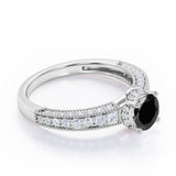 Prong Set 1.45 Carat Round Cut Black Diamond Vintage Milgrain Engagement Ring In White Gold