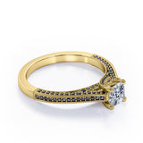 Three Sided Pave - 1.35 TCW Princess Cut Moissanite with Lab Created Black Diamond - Milgrain Decorated Engagement Ring in Rose Gold