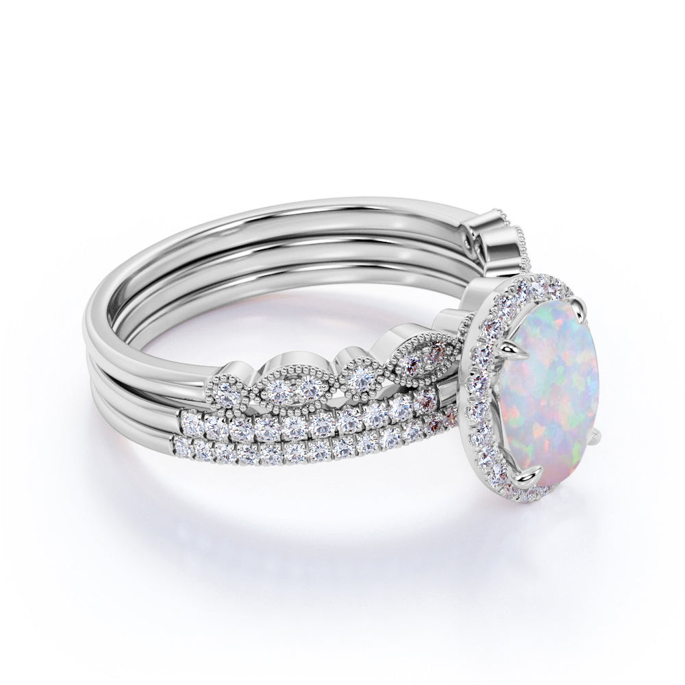 Affordable 2 Oval Ethiopian Antique Opal Ring and Halo Diamond in Trio ...