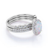 Affordable 2 Oval Ethiopian Antique Opal Ring and Halo Diamond in Trio Wedding set