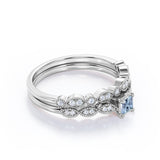 Unique 1.15 Carat Princess Cut Aquamarine And Diamond  Art Deco Wedding Ring Set In White Gold