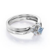 Petite Pave-Channel - 0.55 TCW Rhombus Princess Cut Aquamarine and Moissanite - Prong Tensioned Wedding Ring Set -  Rose Gold