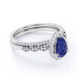 Elegant Art Deco Pave Set 2 Carat Pear Cut Sapphire and Diamond Wedding Ring Set in White Gold