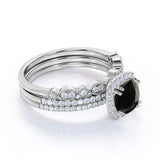 Affordable Antique Artdeco 2 Carat Cushion Cut Lab Black Diamond Halo Wedding Trio Ring Set in White Gold