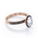 Halo Cluster 1.7 TCW Ovate Moissanite with Lab Created Black Diamond Wedding Set with Pave Accents in Rose Gold