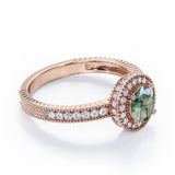 Decorative Halo 1 carat Round Moss Green Agate and Diamond Milgrain Engagement Ring in White Gold