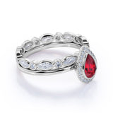 Classic Halo Plain Shank 2.50 Carat Pear Cut Lab Ruby and Diamond Eternity Wedding Set in White Gold
