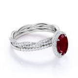 Classic Infinity 1.50 Carat Oval Cut Ruby and Diamond Halo Wedding Set in White Gold