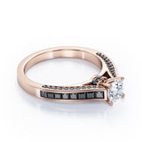 1.4 TCW Round Shape Moissanite with Lab Created Black Diamond - Pave and Channel - Cathedral Engagement Ring in White Gold
