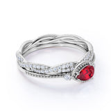 Vintage Filigree Bezel Set 1.50 Carat Pear Cut Lab-Created Ruby and Diamond Pave Infinity Wedding Ring Set in White Gold