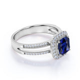 V Shank Design 1.50 Carat Cushion Cut Sapphire and Diamond Halo Engagement Ring in White Gold