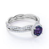 Infinity Halo 2 Carat Round Cut Simulated Alexandrite and Diamond Eternity Modern Wedding Ring Sets