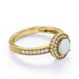 Decorative Halo 1 carat Round Opal and Diamond Milgrain Engagement Ring in White Gold