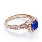 Antique Milgrain 1.35 Carat Round Cut Sapphire And Diamond Halo Engagement Ring In Rose Gold