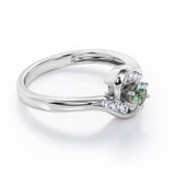 Whirly Gemstone 0.55 carat Round Green Moss Agate and Moissanites Artistic Engagement Ring in White Gold