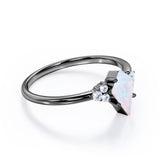 Unique Four Prong 1.30 Carat Kite Shaped Precious Fire Opal And Diamond Seven Stone Engagement Ring In Black Gold