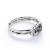 Art Deco 1 Carat Round Cut Natural Salt and Pepper Diamond Vintage Floral Wedding Ring Set in 18k White Gold over Silver