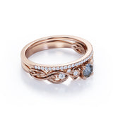 Minimalist Leaf Design 0.75 Carat Round Cut Genuine Black Grey Salt and Pepper Diamond Filigree with Diamond Pave Band Wedding Set Rings