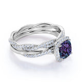 Eternity 2 Carat Cushion Cut Lab Alexandrite and Diamond Infinity Halo Bridal Set Rings for Her