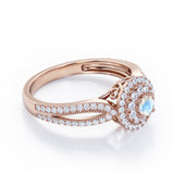 Double Halo Cluster 1.8 Carat Round-Shaped Moonstone and diamond Split-Shanked Milgrain Pave Engagement Ring in Rose Gold