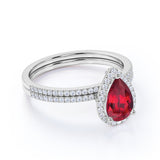 Elegant Pave 2 Carat Pear Shape Lab Ruby and Diamond Halo Wedding Ring Set in White Gold