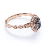 Halo 1.50 ct Oval Black Rutilated Quartz Art Deco Engagement Ring