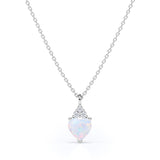 Delicate 1.05 Carat Heart Shaped Ethopian Opal and Diamond Three Prong Pendant Necklace In White Gold For Her.