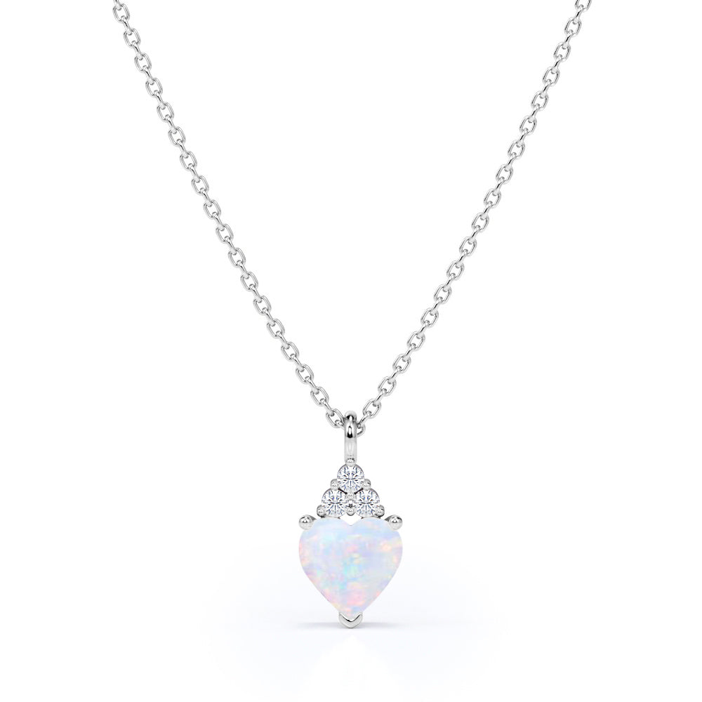 Delicate 1.05 Carat Heart Shaped Ethopian Opal and Diamond Three Prong Pendant Necklace In White Gold For Her.