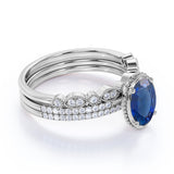 Antique Design 2.25 Carat Oval Cut Sapphire and Diamond Bezel Set Trio Wedding Set with Art Deco Band in White Gold