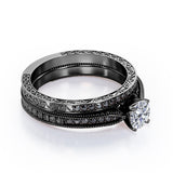 Milgrain-Edged 1.5 TCW Round-Shaped Moissanite with Lab Created Black Diamond Art Deco Victorian Design Wedding Set in Rose Gold