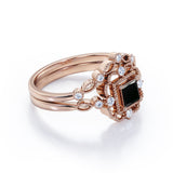 Antique Artdeco 1.25 Princess cut Lab Black Diamond Wedding Bridal Set in Rose Gold
