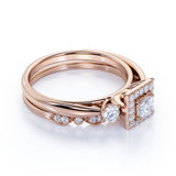 3 Stone Cathedral Modern Art Deco 1 ct TDW Princess Cut Diamond Milgrain Bridal Set - Wedding Set - 10K White Gold