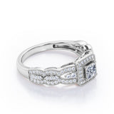 Triple Curved Pave Band - 0.5 TCW Princess Cut Diamond - Milgrain Halo-Channel Engagement Ring - 10K Black Gold