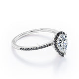 Halo Design 1.45 TCW Pear Cut Moissanite with Lab Created Black Diamond Scalloped Pave Engagement Ring in Rose Gold