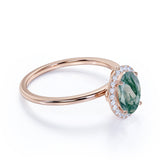 Modern Simple Solitaire 1.75 Carat Oval Cut Cloudy Milky White Moss Green Agate and Diamond Halo Engagement Ring in Rose Gold for Her